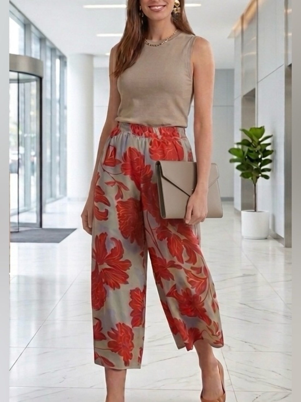 Red Carter 100% Rayon Cropped Palazzo Floral Pants Size: L